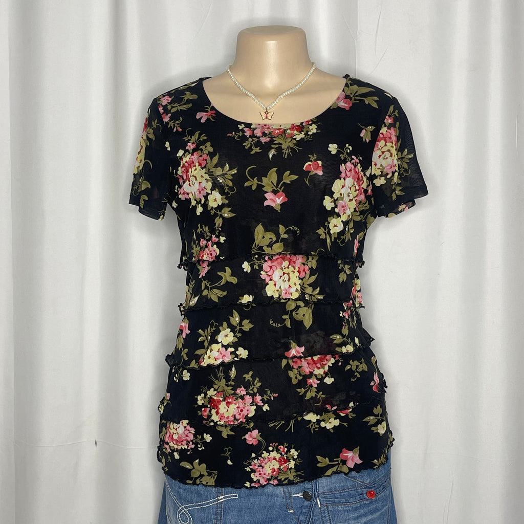 Black Floral Design Tiered Mesh Top