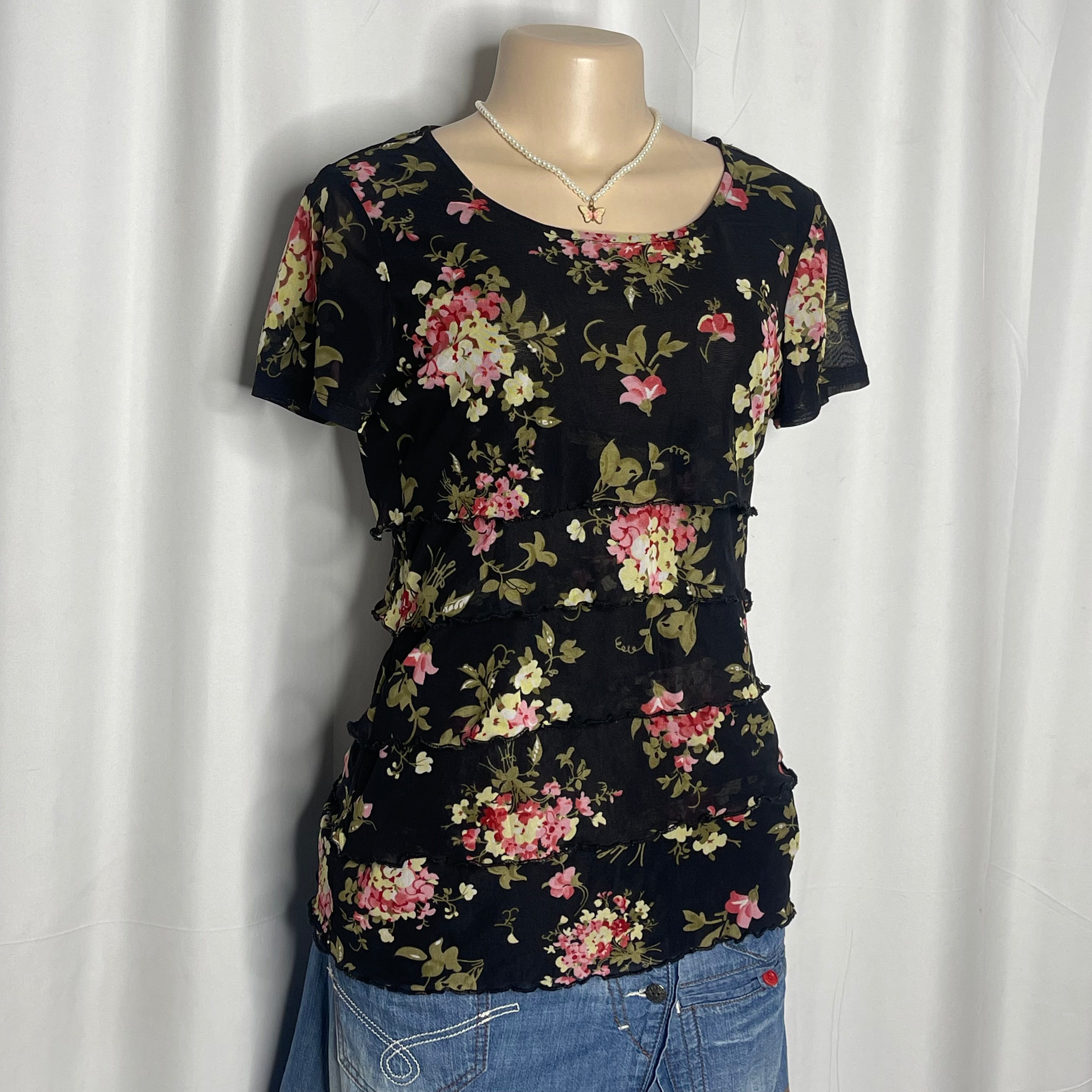 Black Floral Design Tiered Mesh Top
