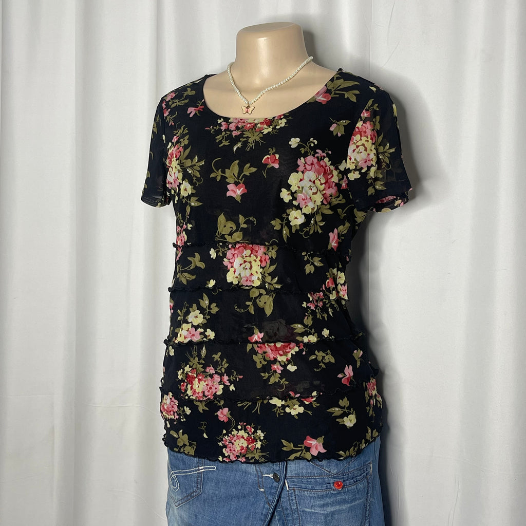 Black Floral Design Tiered Mesh Top