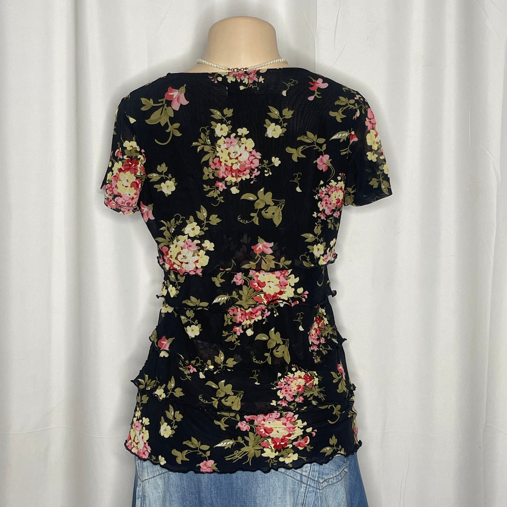 Black Floral Design Tiered Mesh Top