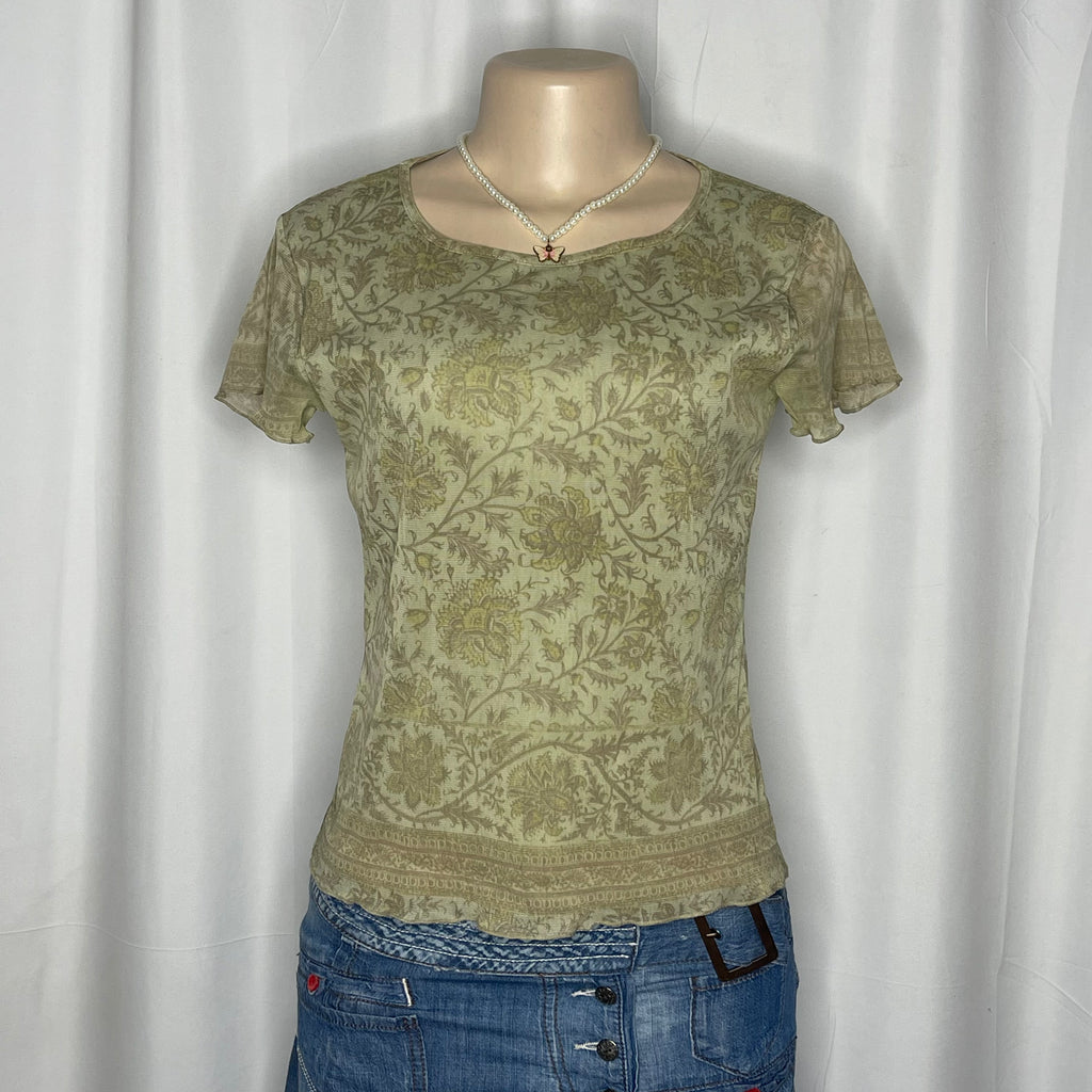 Paisley Print Short Sleeves Mesh Top
