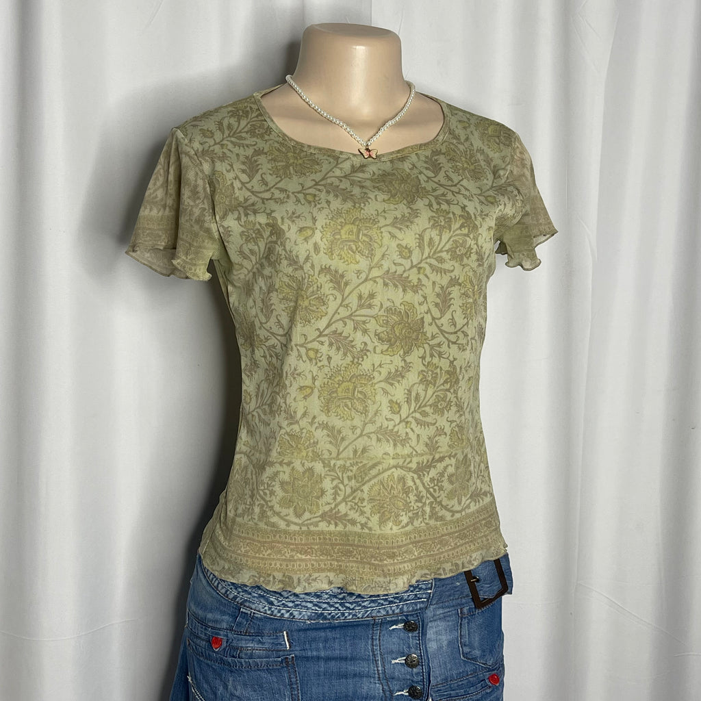 Paisley Print Short Sleeves Mesh Top