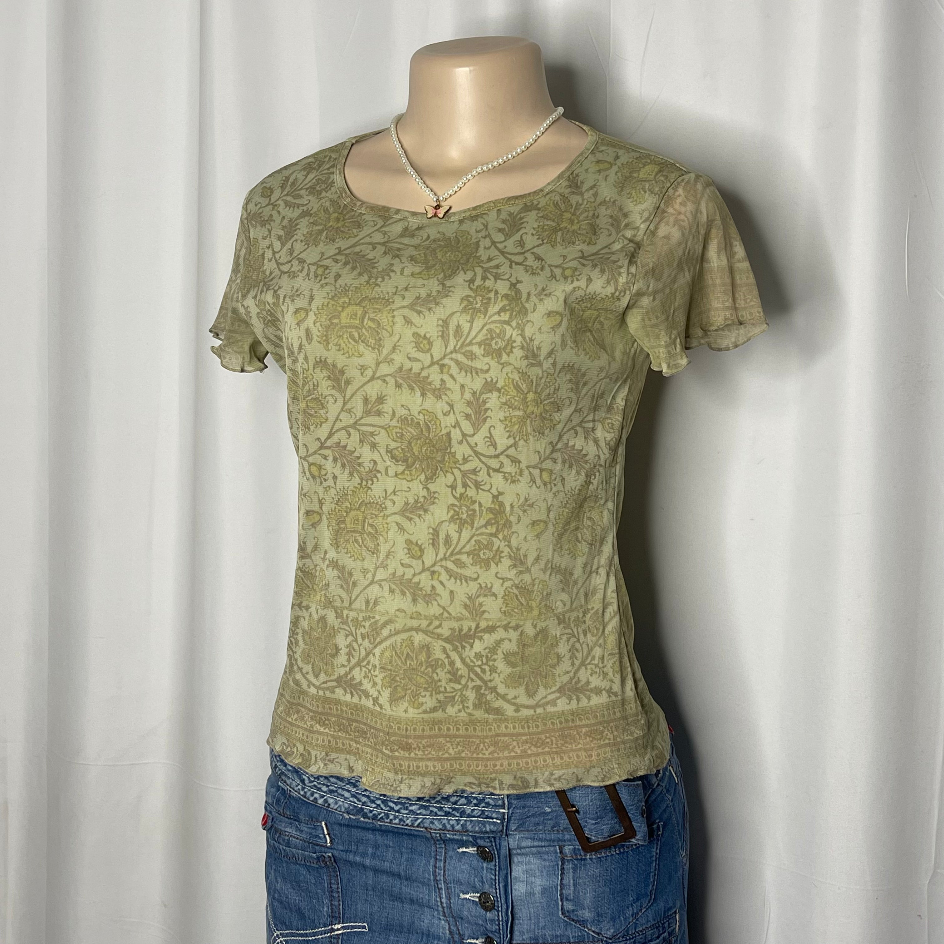 Paisley Print Short Sleeves Mesh Top