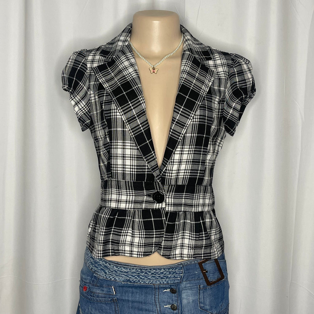 Short Sleeves Blazer Black and White Plaid Pattern