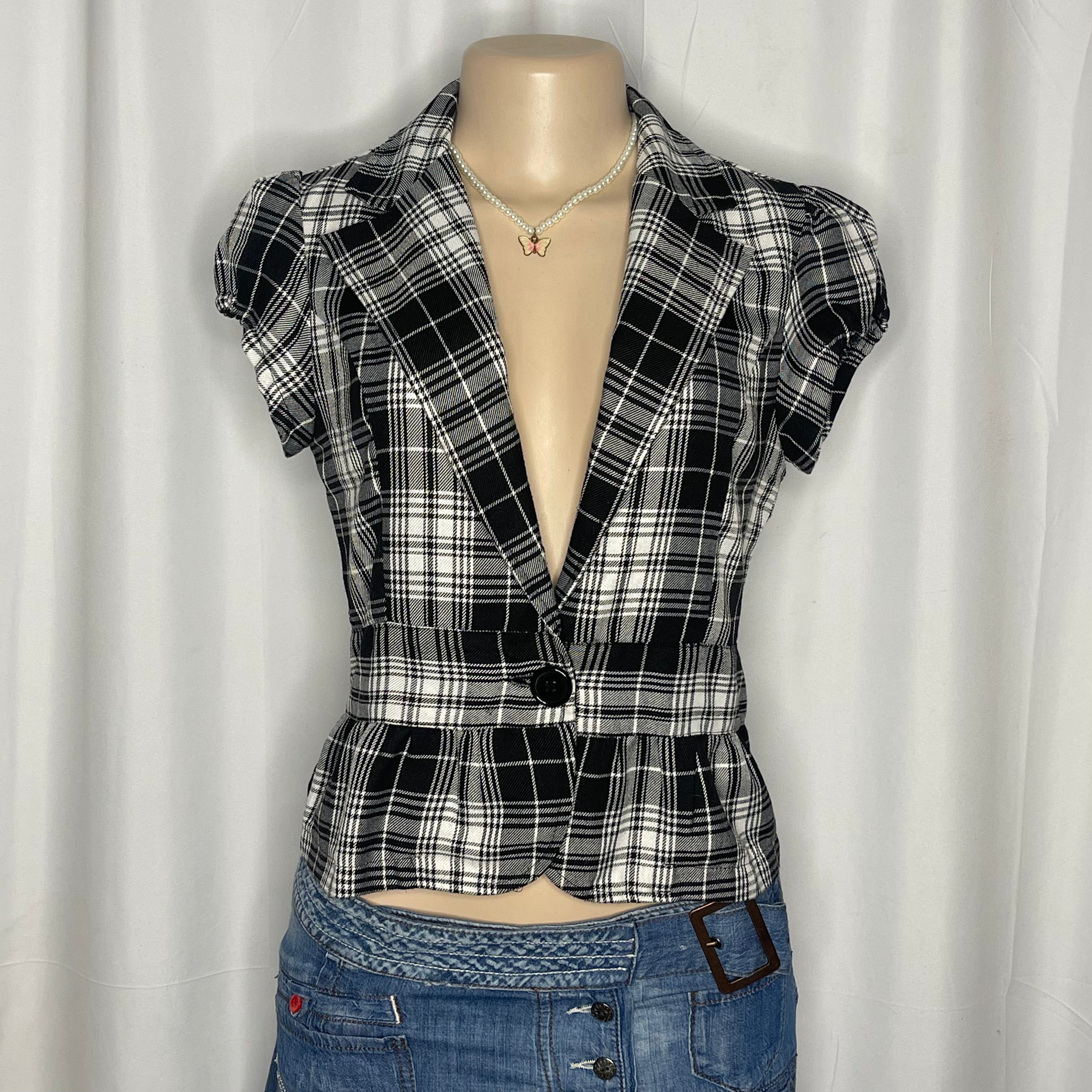 Short Sleeves Blazer Black and White Plaid Pattern