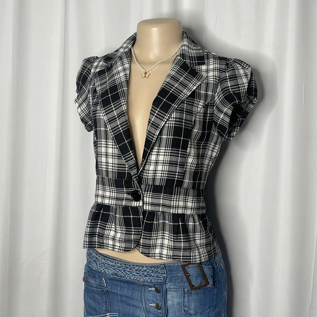 Short Sleeves Blazer Black and White Plaid Pattern