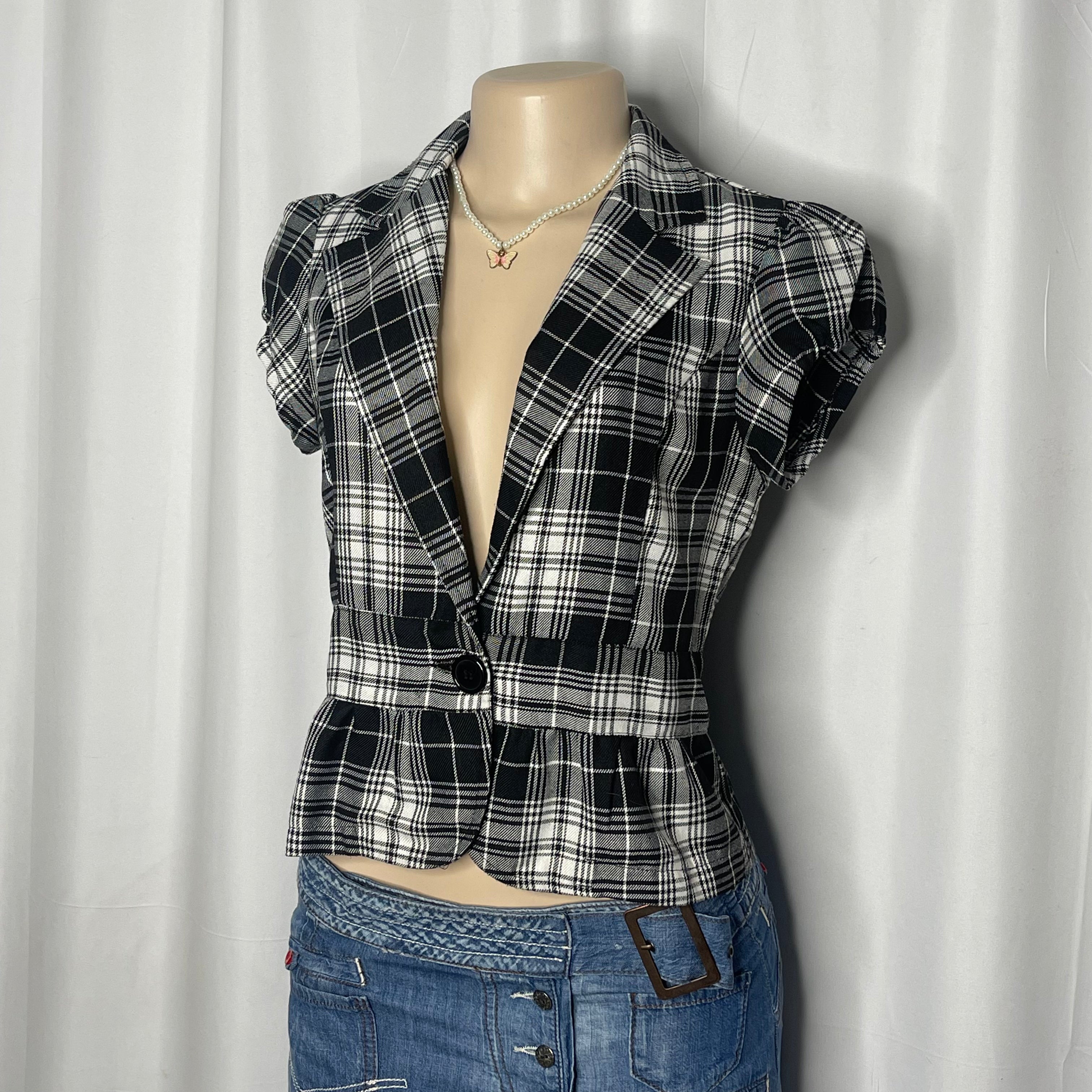 Short Sleeves Blazer Black and White Plaid Pattern