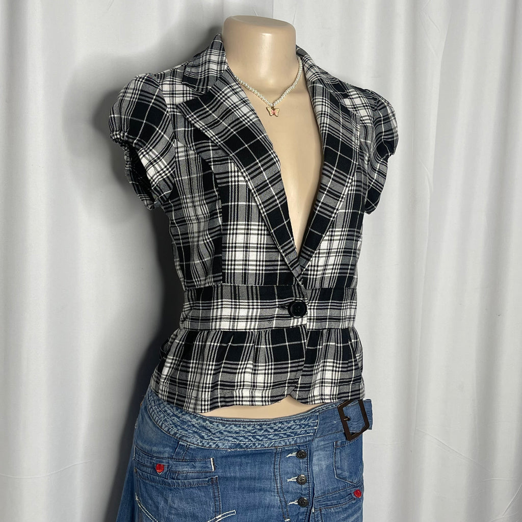 Short Sleeves Blazer Black and White Plaid Pattern