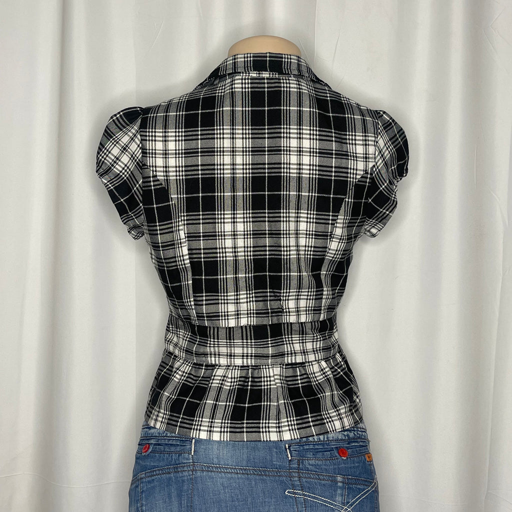 Short Sleeves Blazer Black and White Plaid Pattern