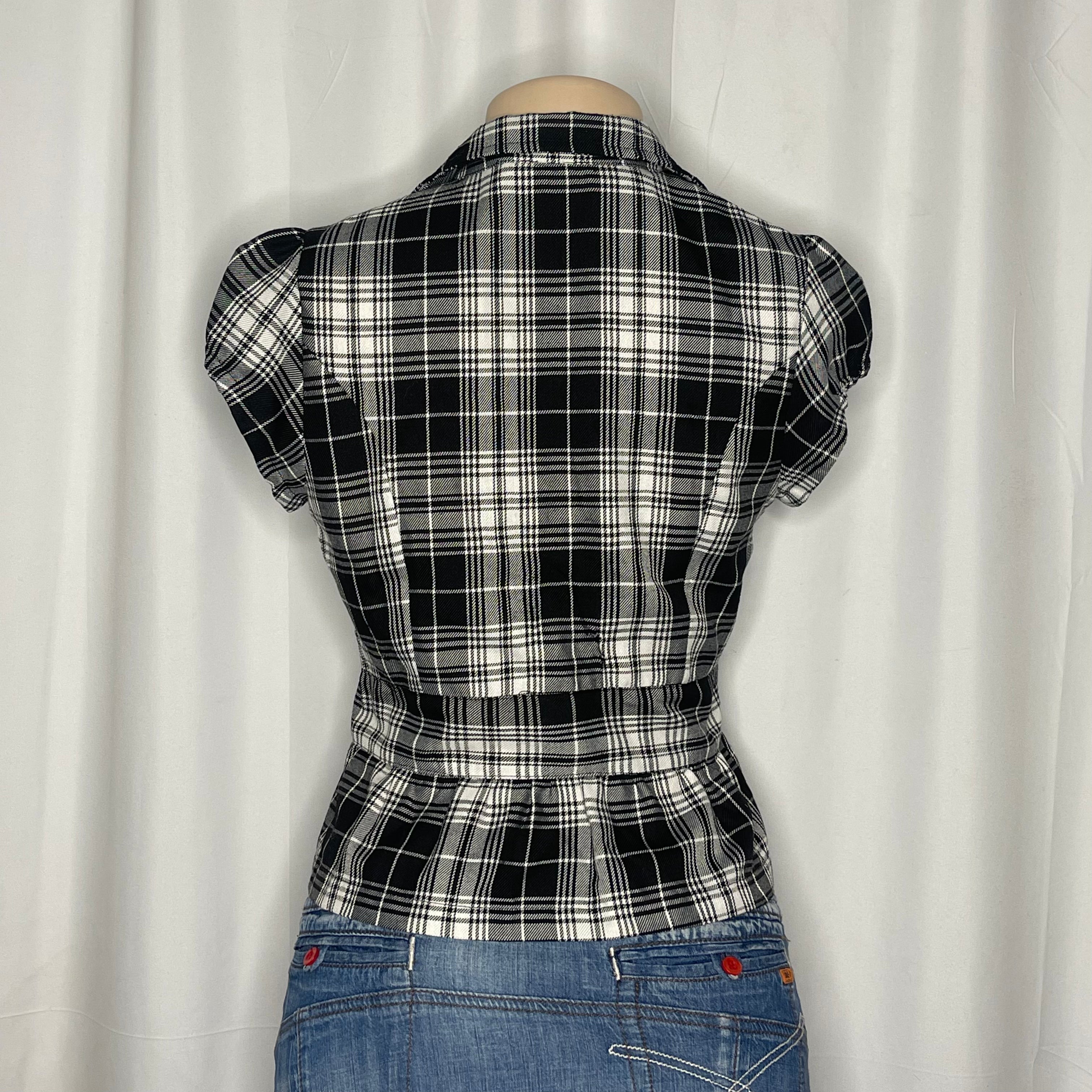 Short Sleeves Blazer Black and White Plaid Pattern