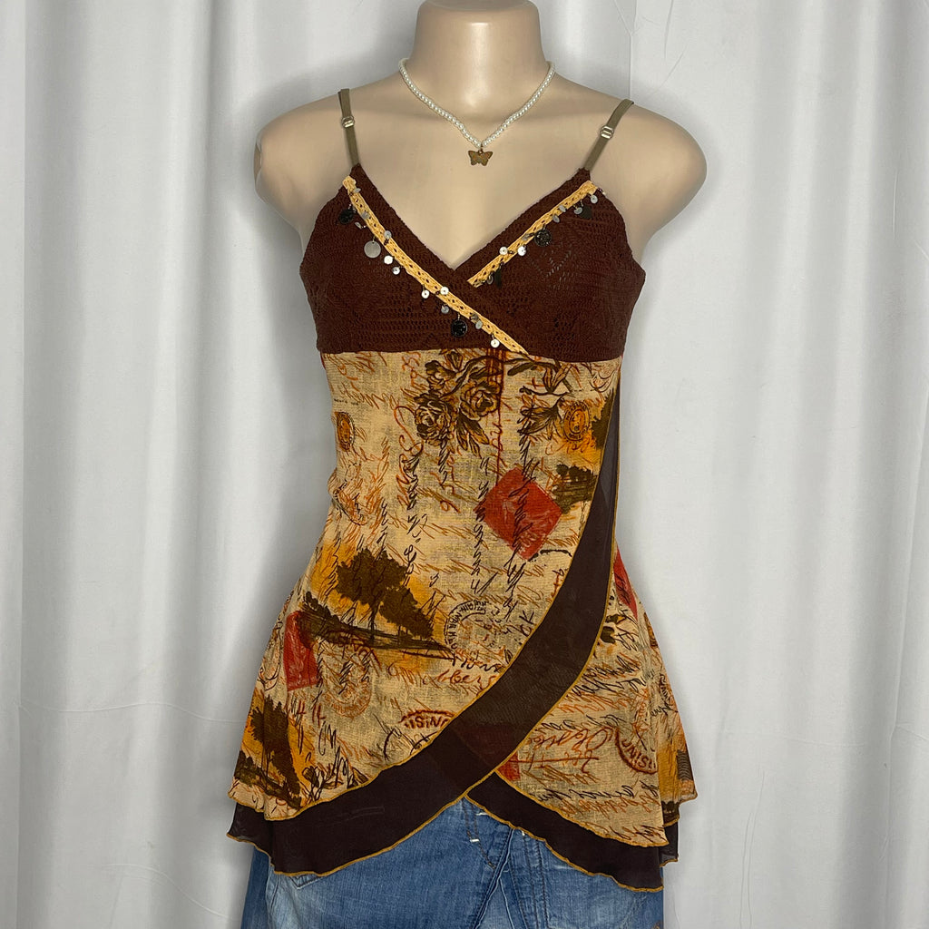 Y2k-style Grunge Fairy Top, BrownCrochet Bodice with Beaded Details