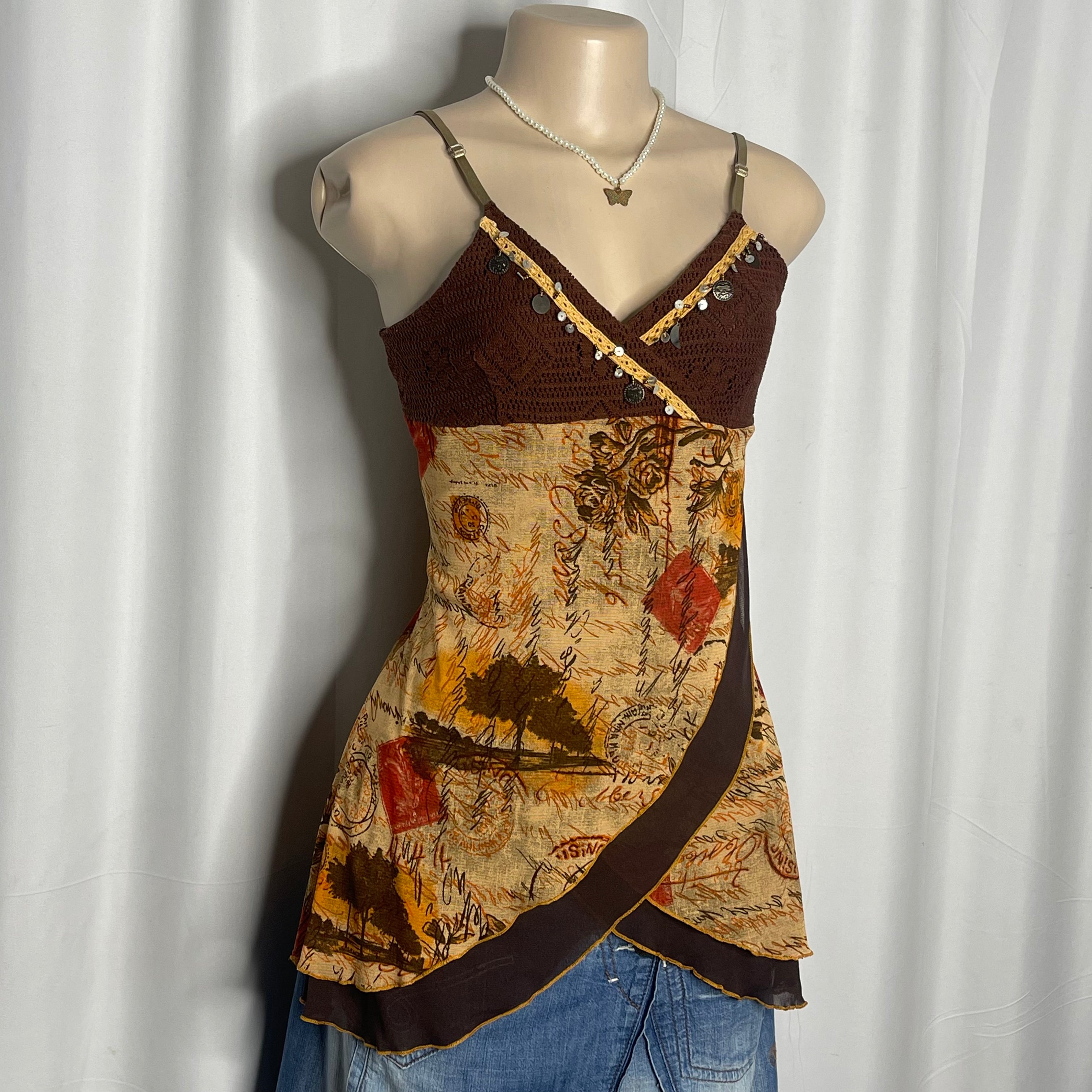 Y2k-style Grunge Fairy Top, BrownCrochet Bodice with Beaded Details