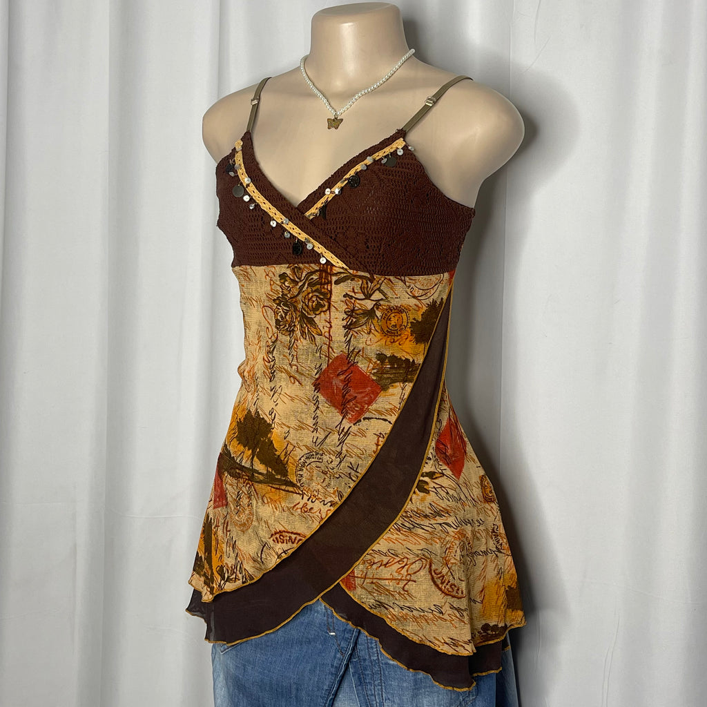 Y2k-style Grunge Fairy Top, BrownCrochet Bodice with Beaded Details