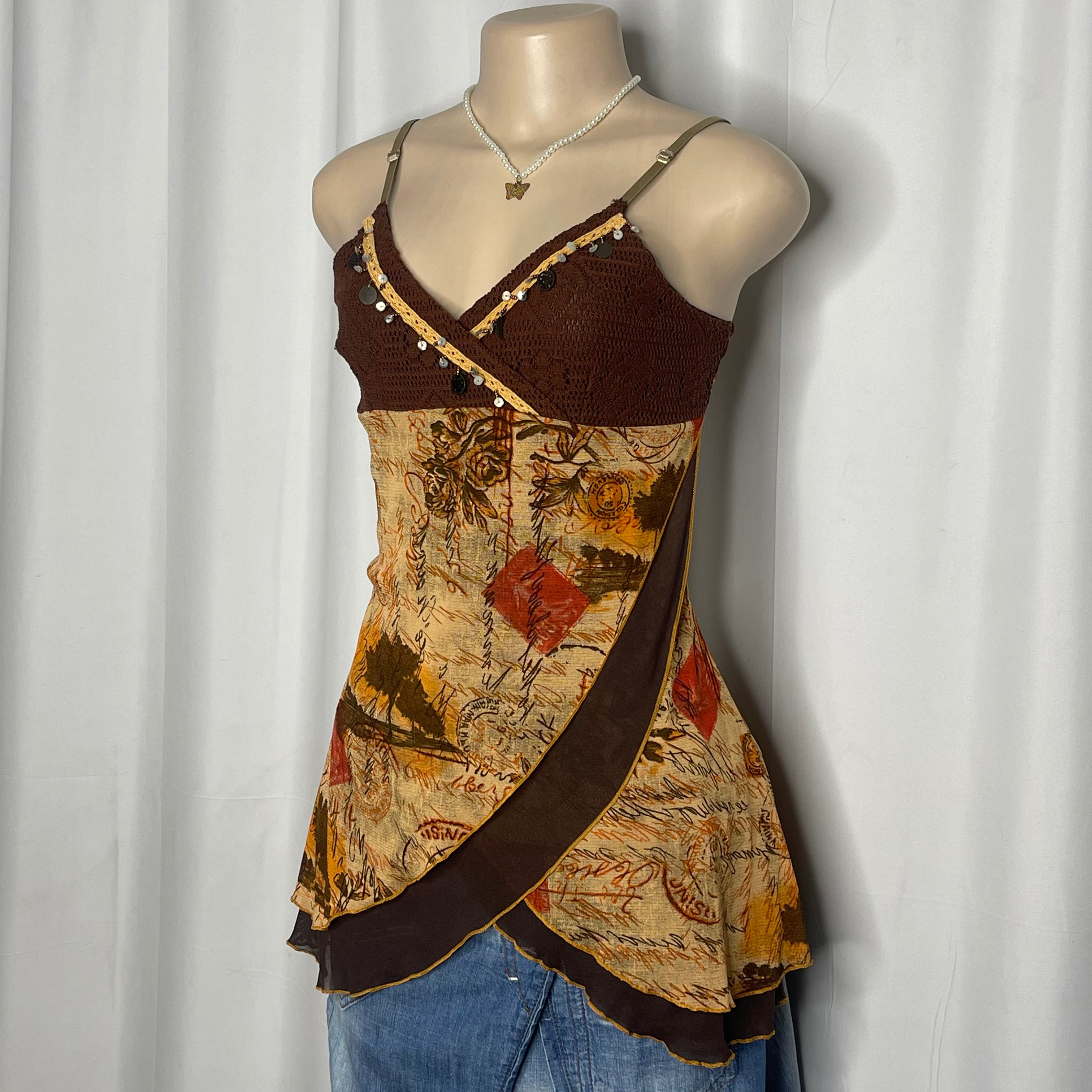 Y2k-style Grunge Fairy Top, BrownCrochet Bodice with Beaded Details