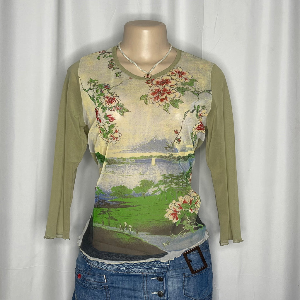 Lanscape Floral Print Sheer Mesh Top