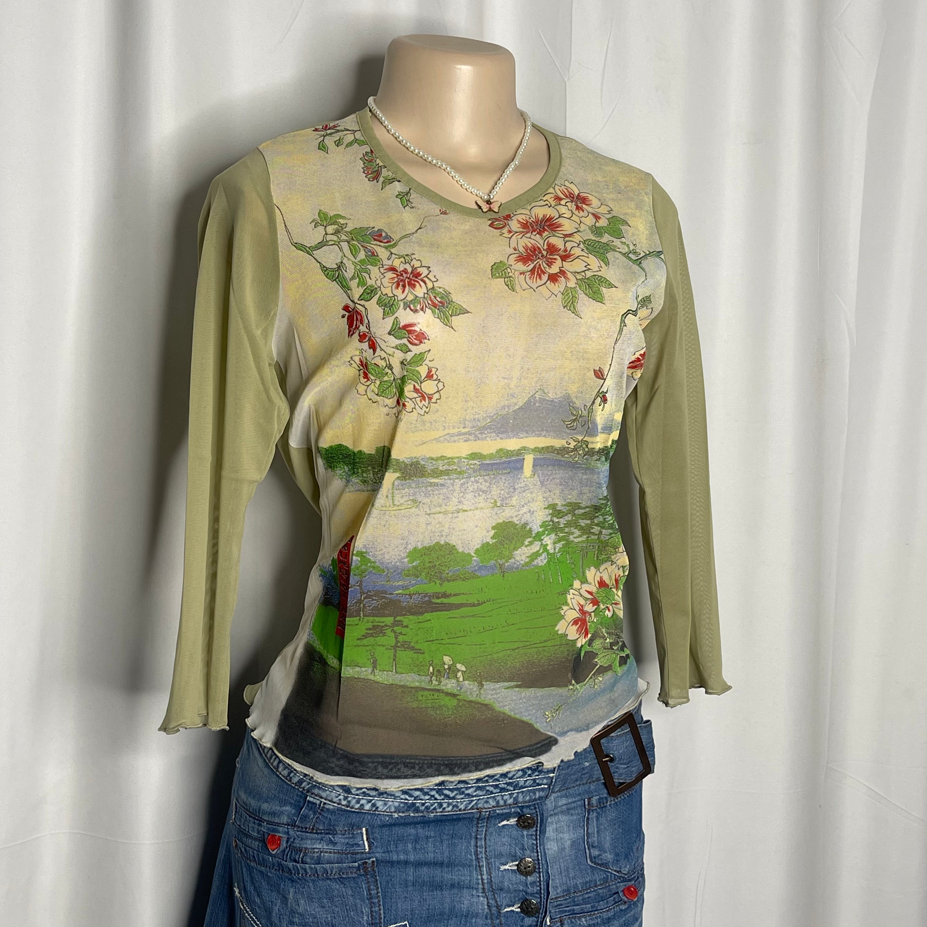 Lanscape Floral Print Sheer Mesh Top
