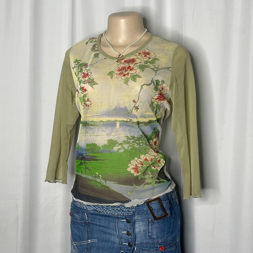 Lanscape Floral Print Sheer Mesh Top
