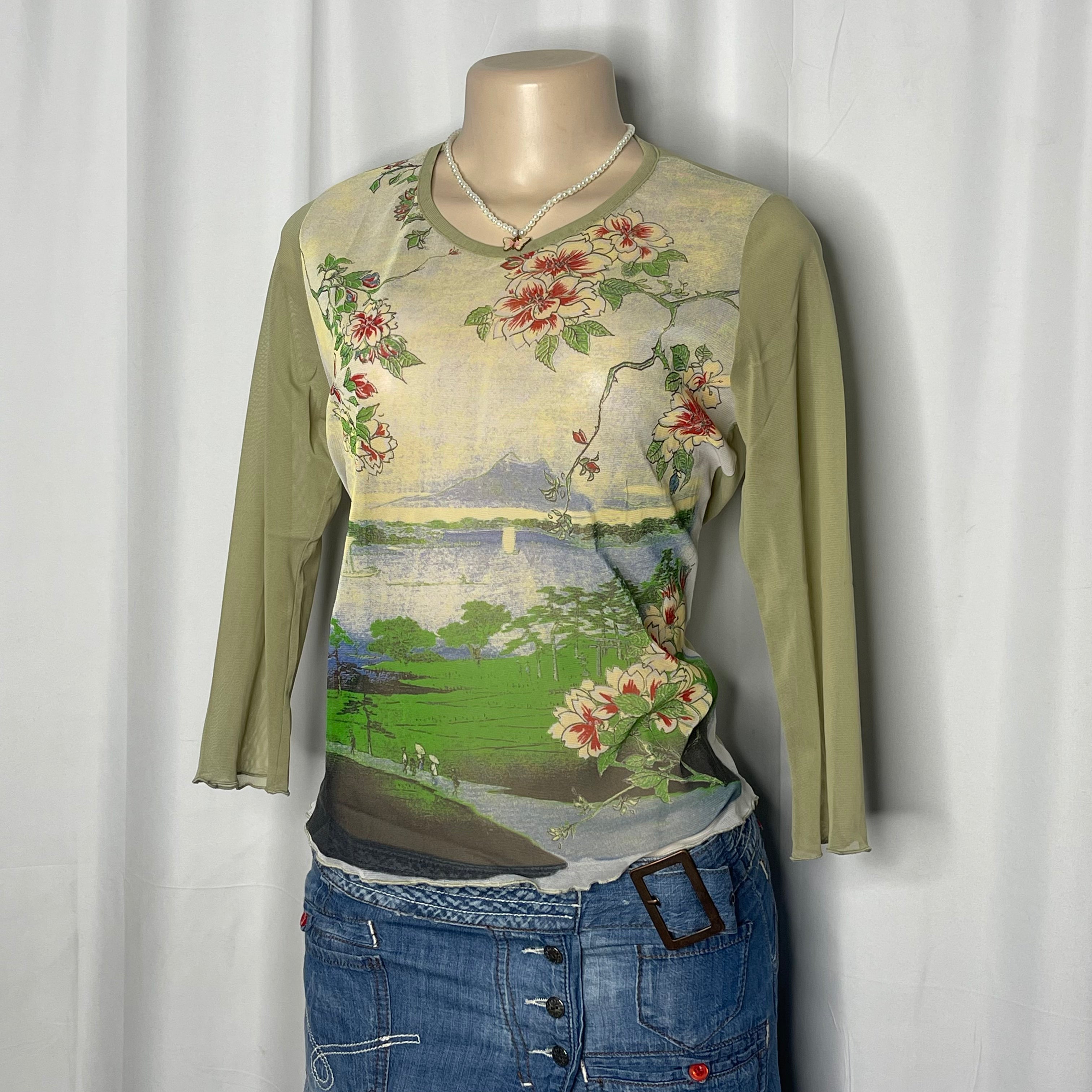 Lanscape Floral Print Sheer Mesh Top