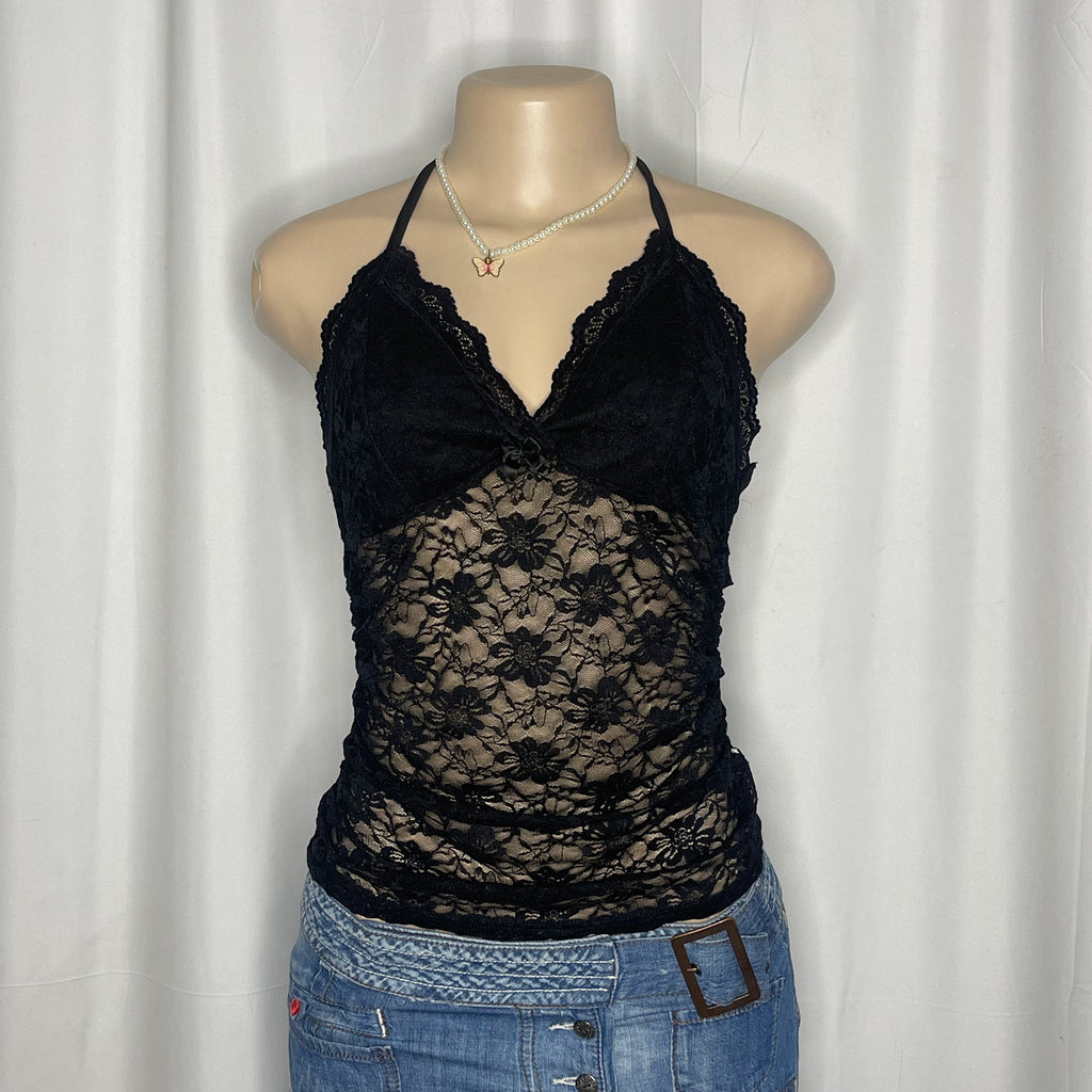Black Lace Halter Neck Top