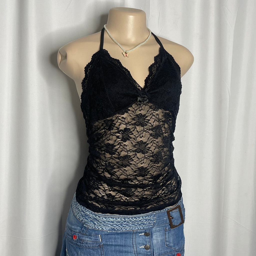 Black Lace Halter Neck Top